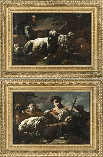 Pastore E Pastorella Con Armenti (pair) Oil Painting by Cajetan Roos