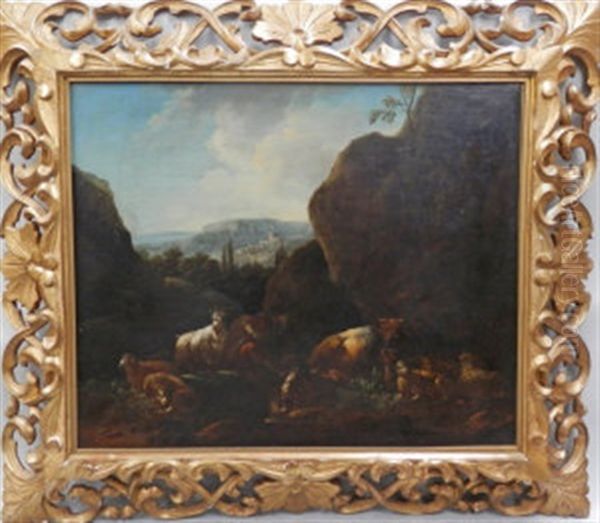 A Herdsman With Sheep And Goats By An Outcrop With A Hilltop Castle Beyond  And A Herdsman Resting With A Cow, Sheep And Goats By An Outcrop (a Pair) Oil Painting by Cajetan Roos