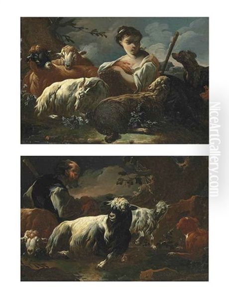 A Herdsman With Goats Resting In A Wooded Landscape (+ A Herdswoman With Goats And A Dog Resting In A Wooded Landscape; Pair) Oil Painting by Cajetan Roos