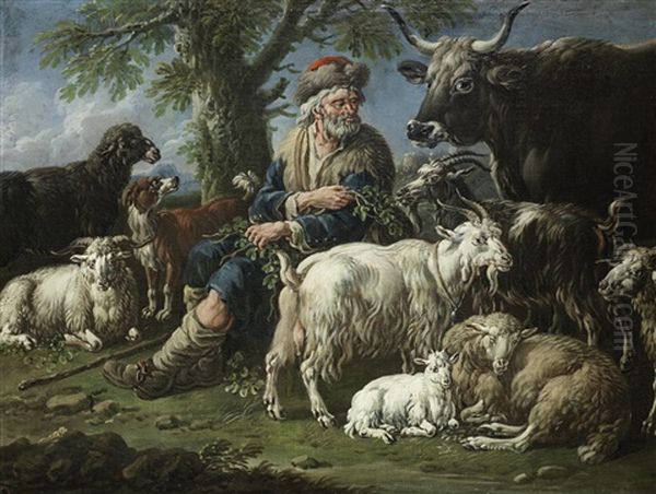 A Shepherd With Goats, A Cow, Sheep And A Dog Seated Before A Tree Oil Painting by Cajetan Roos