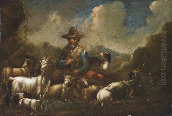 A Herder With Sheep, Goats And A Dog In An Mountainous Landscape Oil Painting by Cajetan Roos