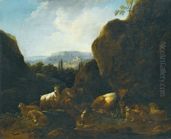 A Landscape With A Flock Of Sheep And Goats (2 Works) Oil Painting by Cajetan Roos