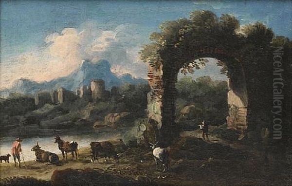 A Drover And His Cattle At A River Before A Ruined Arch Oil Painting by Cajetan Roos