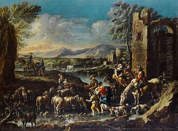 A Cowherd And Shepherds Resting Their Livestock In An Upland Landscape (+ Shepherds Watering Their Livestock In A Stream Beside A Ruin; Pair) Oil Painting by Cajetan Roos