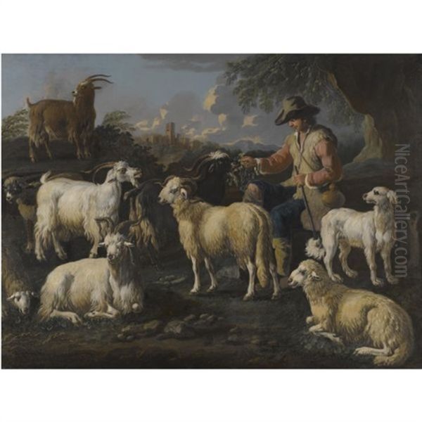 A Goat Herdsman And His Tribe Oil Painting by Cajetan Roos