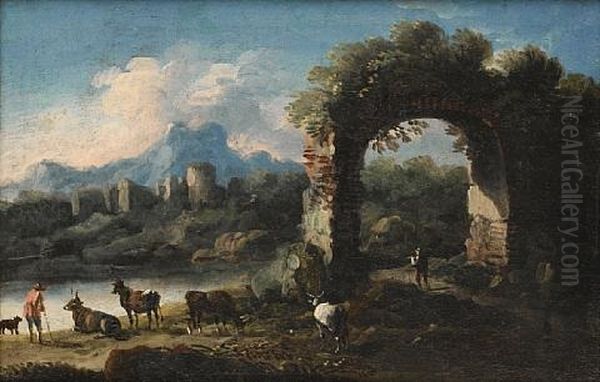 A Drover And His Cattle At A River Before A Ruined Arch Oil Painting by Cajetan Roos