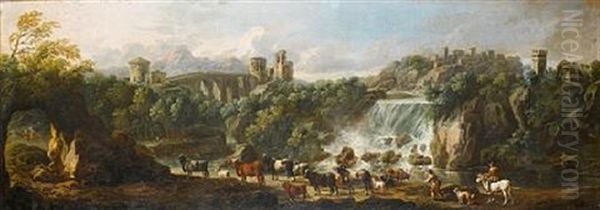 An Italianate Landscape With Drovers Watering Their Cattle, A View To Tivoli Beyond Oil Painting by Cajetan Roos