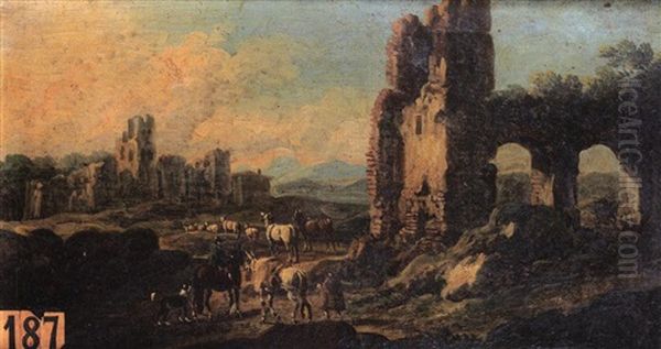 Troupeau, Cavalier Et Patres, Pres De Ruines Romaines (+ Troupeau Et Patre Au Pied D'une Tour Et De Ruines Romaines; 2 Works) Oil Painting by Cajetan Roos