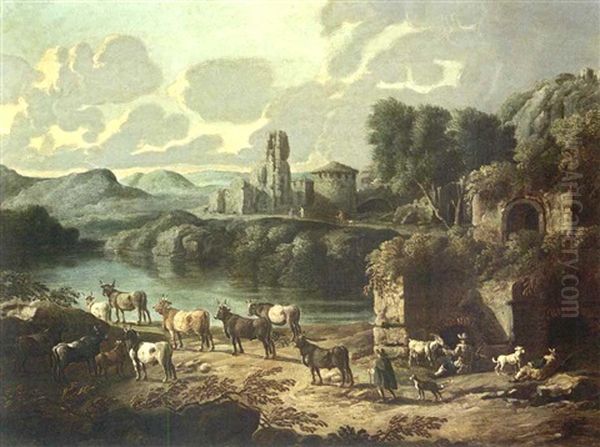 An Italianate River Landscape With Shepherds And Their Flock Resting, The Ruins Of A Town Beyond Oil Painting by Cajetan Roos