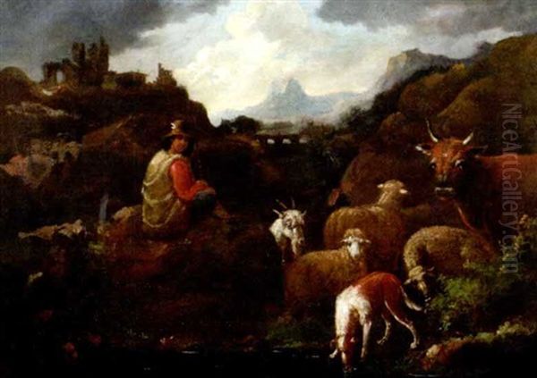 Junger Hirte Mit Schafen, Ziege Und Kuh In Campagnalandschaft Oil Painting by Cajetan Roos