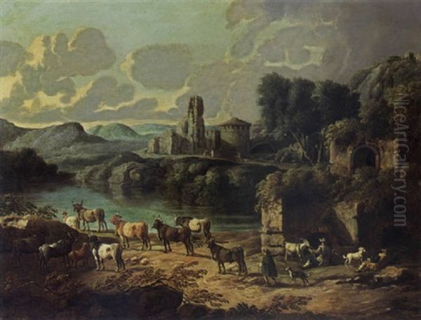 An Italianate River Landscape With Shepherds And Their Flock Resting, The Ruins Of A Town Beyond Oil Painting by Cajetan Roos