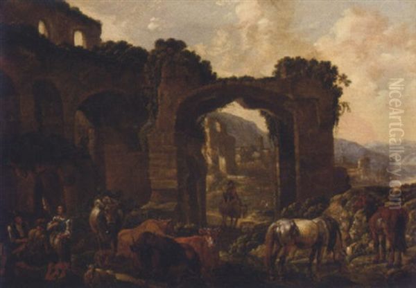 Drovers With Their Cattle At Halt Beneath Classical Ruins Oil Painting by Cajetan Roos