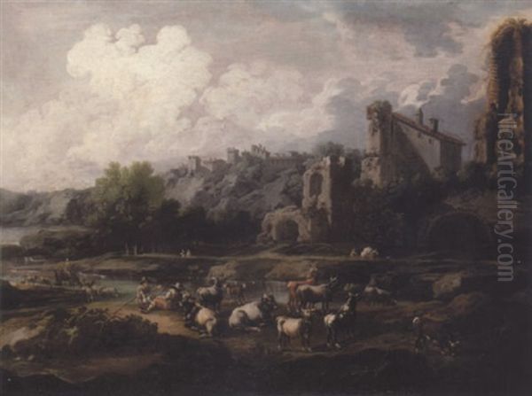 An Italian River Landscape With Drovers And Their Animals, A Town Beyond Oil Painting by Cajetan Roos