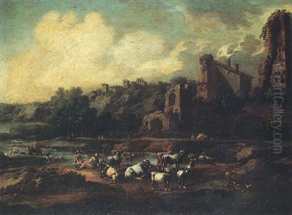 An Italianate River Landscape With Herdsmen Watering Their Cattle, A Ruined Arch Beyond Oil Painting by Cajetan Roos