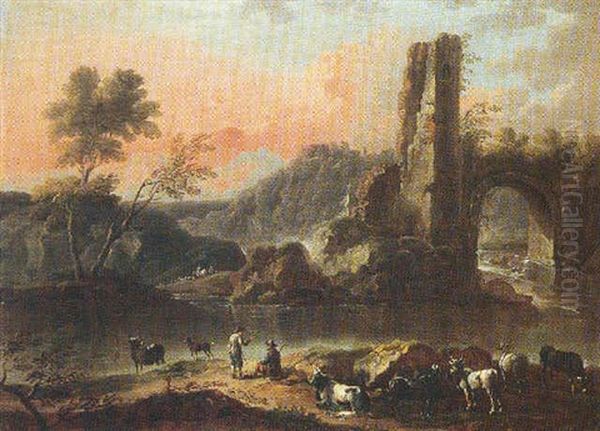 A River Landscape With Herdsmen Watering Their Cattle, A Ruined Arch Beyond Oil Painting by Cajetan Roos