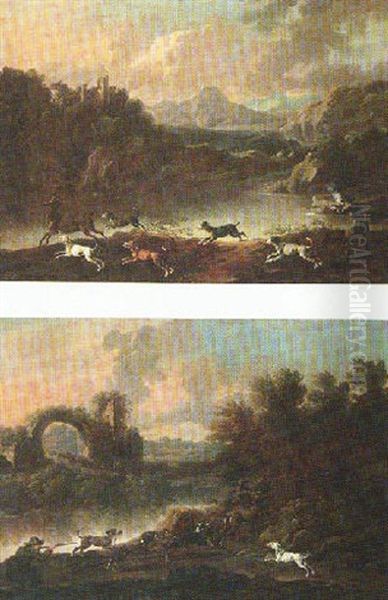 River Landscape With A Huntsman And Hounds Hunting Stags, A Set Of Ruins Beyond Oil Painting by Cajetan Roos