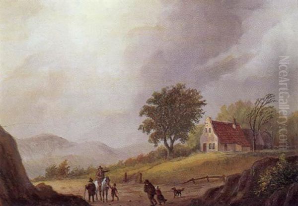 Landskab Med Personer Og Dyr Pa En Vej, Blaesevejr Og Morke Skyer Oil Painting by Cornelis Francois Roos