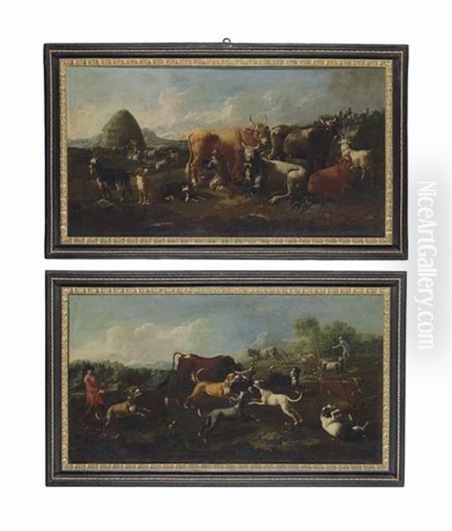 A Herdsman With His Cattle, Milking A Cow In A Landscape; And A Pack Of Dogs Baiting A Bull In A Landscape (pair) Oil Painting by Jacob (Rosa di Napoli) Roos