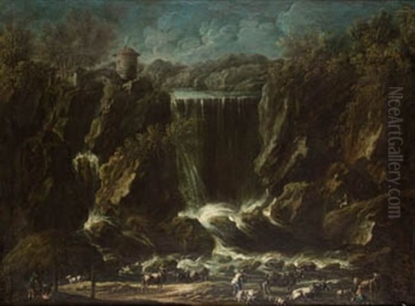 Paisaje Con Cascada, Personajes Y Animales Oil Painting by Jacob (Rosa di Napoli) Roos