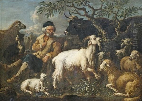 Alter Hirte Mit Seiner Herde In Der Campagna Oil Painting by Jacob (Rosa di Napoli) Roos