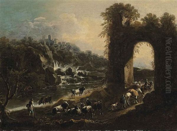 A River Landscape With Drovers And Their Cattle By An Arch, A Waterfall Beyond Oil Painting by Jacob (Rosa di Napoli) Roos