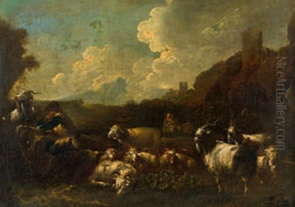 Landschaft Mit Hirten, Ziegen Und Schafen Oil Painting by Jacob (Rosa di Napoli) Roos