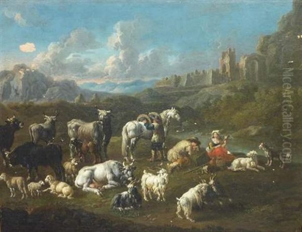 Repos Des Bergers Et De Leur Troupeau Dans Un Paysage Oil Painting by Jacob (Rosa di Napoli) Roos