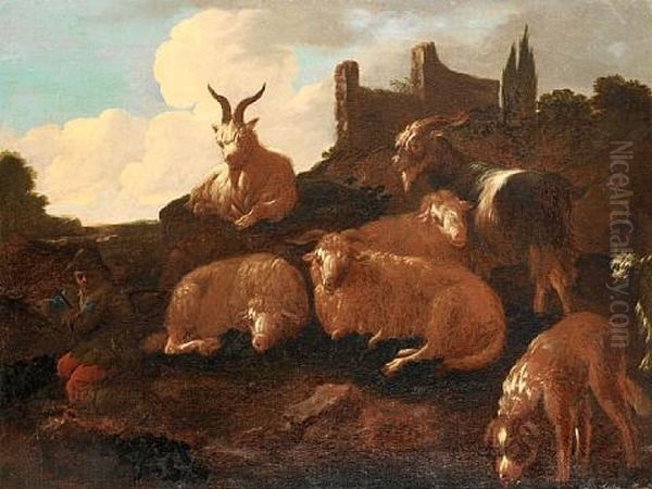 A Shepherd And His Flock Before A Landscape Oil Painting by Jacob (Rosa di Napoli) Roos