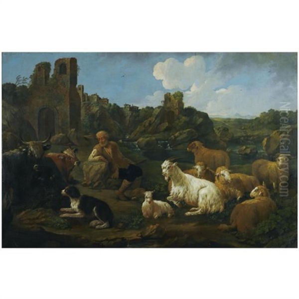 A Landscape With A Herder, Cattle, Sheep And A Dog In The Foreground Oil Painting by Jacob (Rosa di Napoli) Roos