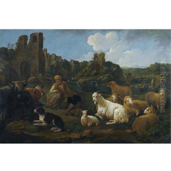 A Landscape With A Herder, Cattle, Sheep And A Dog In The Foreground Oil Painting by Jacob (Rosa di Napoli) Roos