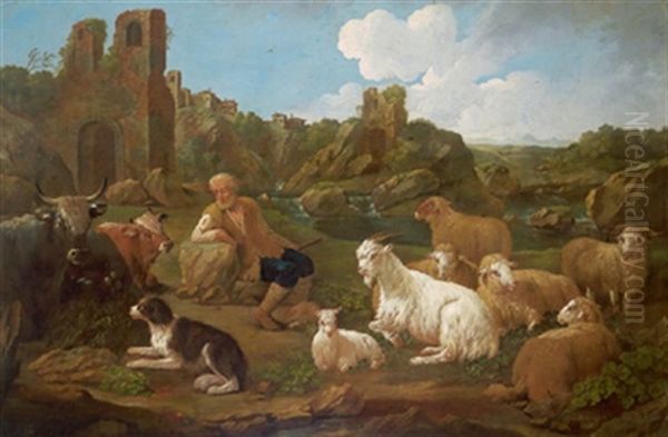 Herde Mit Hirten In Der Campagna Oil Painting by Jacob (Rosa di Napoli) Roos