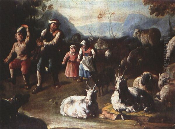 Tanzende Bauern (+ Zwei Hirten Mit Schalmai Und Dudelsack; Pair) Oil Painting by Jacob (Rosa di Napoli) Roos