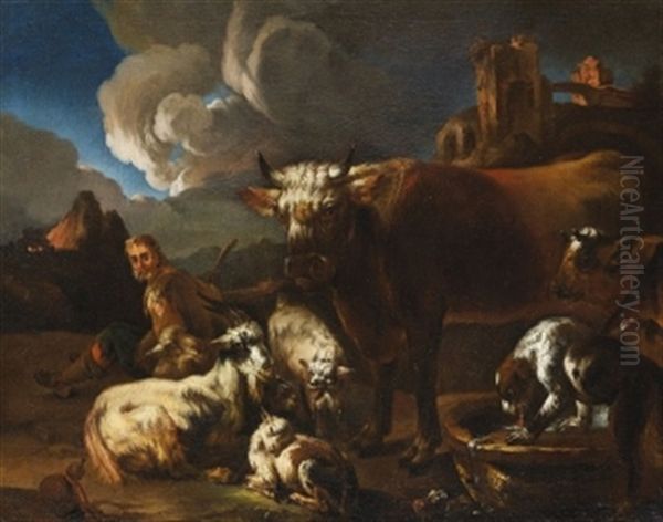 Lagernder Hirte Mit Herde Vor Arkadischer Landschaft Oil Painting by Jacob (Rosa di Napoli) Roos