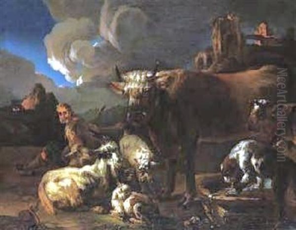 Lagernder Hirte Mit Herde Vor Arkadischer Landschaft by Jacob (Rosa di Napoli) Roos