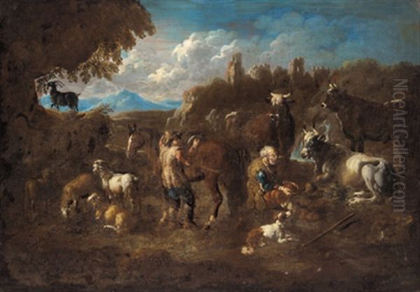 Pastori E Animali In Un Paesaggio Oil Painting by Jacob (Rosa di Napoli) Roos