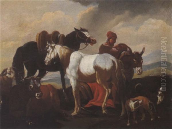 Ein Hirt Mit Zwei Pferden In Der Romischen Campagna Oil Painting by Jacob (Rosa di Napoli) Roos