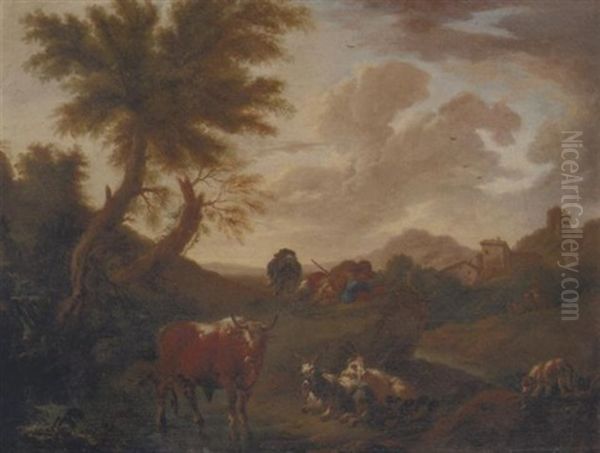 An Italianate Landscape With A Herdsman With Goats And Cattle Oil Painting by Jacob (Rosa di Napoli) Roos