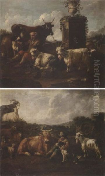 A Shepherd Resting With A Dog, A Cow And Goats In An Italianate Landscape Oil Painting by Jacob (Rosa di Napoli) Roos