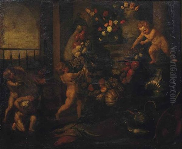 Putti Decorating A Herm With A Swag Of Fruit, With Fish And Armour Oil Painting by Jan Thomas I Roos