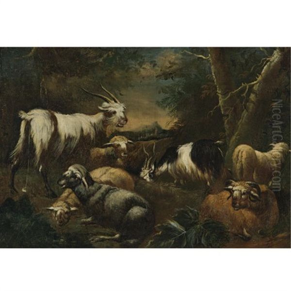 Goats And Sheep In A Landscape Oil Painting by Jan Thomas I Roos