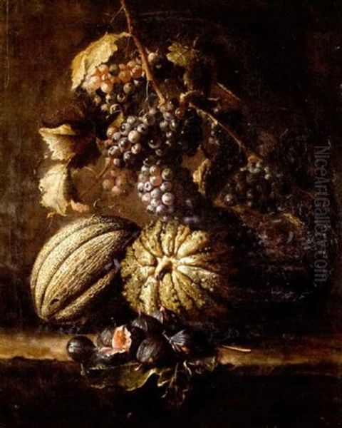 Melons, Grapes And Figs On A Ledge Oil Painting by Jan Thomas I Roos