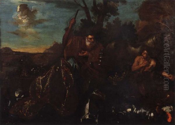 Due Pirati, Uno Vestito Alla Moda Orientale, Si Spartiscono Broccati, Corazze E Supelletti Preziose In Un Paesaggio Classico Oil Painting by Jan Thomas I Roos