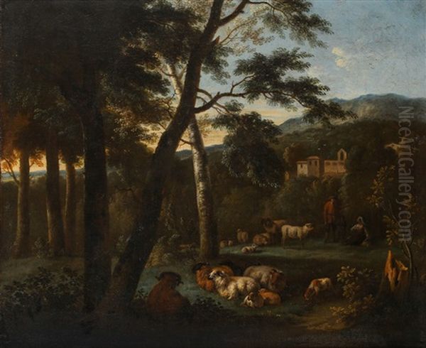 An Italianate Landscape With Shepherds And Their Flock Oil Painting by Johann Heinrich Roos