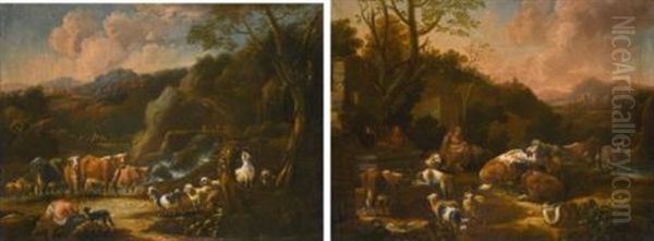 A Mother And Child With Horses, Cattle And Sheep By A Fountain In A Landscape; A Herdsman With Cattle, Sheep And Goats By A Waterfall In A Landscape Oil Painting by Johann Heinrich Roos