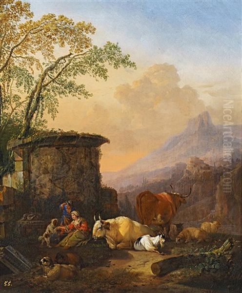 Italienische Landschaft Mit Hirten Und Vieh Oil Painting by Johann Heinrich Roos