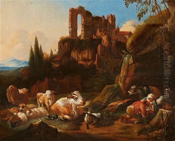 Italian Landscape With A Shepherd And His Cattle At Rest Oil Painting by Johann Heinrich Roos