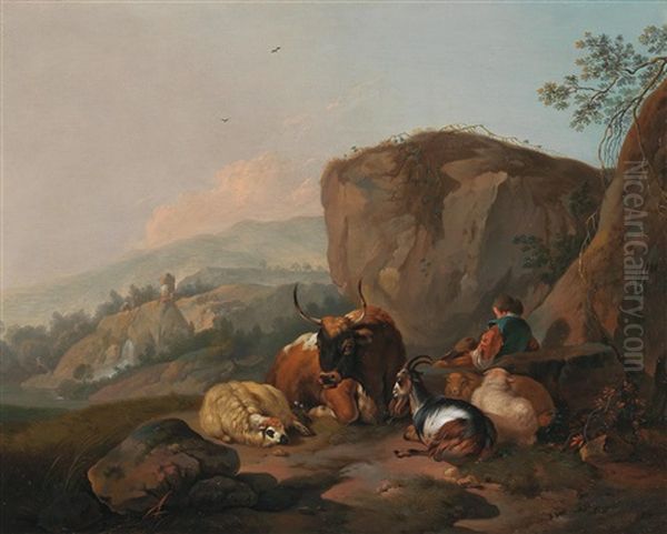 A Pair Of Italian Landscapes With Shepherds And Their Flocks Oil Painting by Johann Heinrich Roos