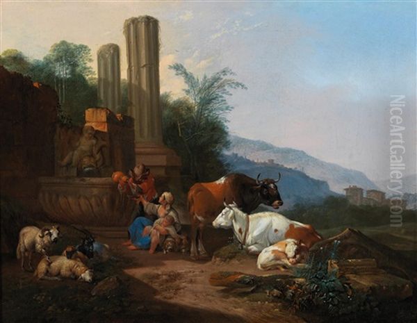 An Italian Landscape With Antique Ruins And A Shepherd Family With Their Flock Oil Painting by Johann Heinrich Roos