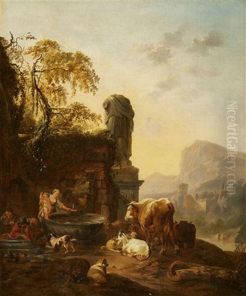 A Shepherd Family And Their Herd By A Well Oil Painting by Johann Heinrich Roos