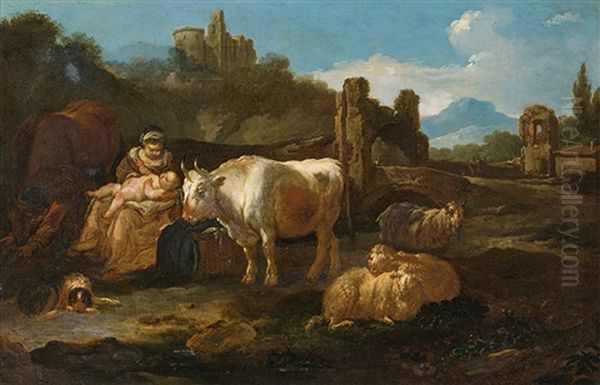 Shepherds And Their Animals In A Landscape Oil Painting by Johann Heinrich Roos